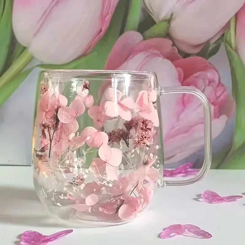 1pc Double-walled Glass Coffee Mug with Real Flower Design | Handcrafted Floral Glassware