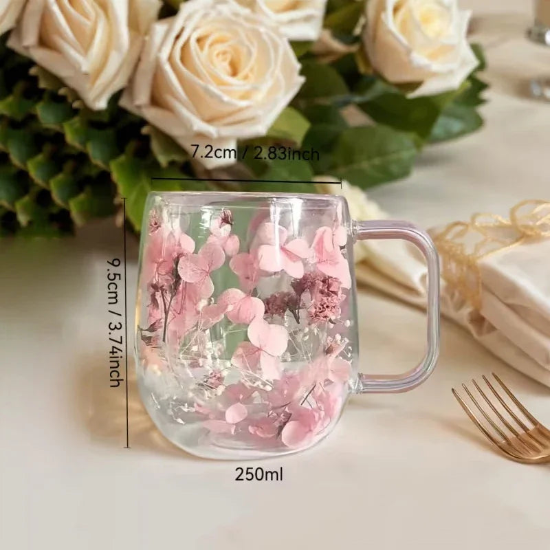 1pc Double-walled Glass Coffee Mug with Real Flower Design | Handcrafted Floral Glassware